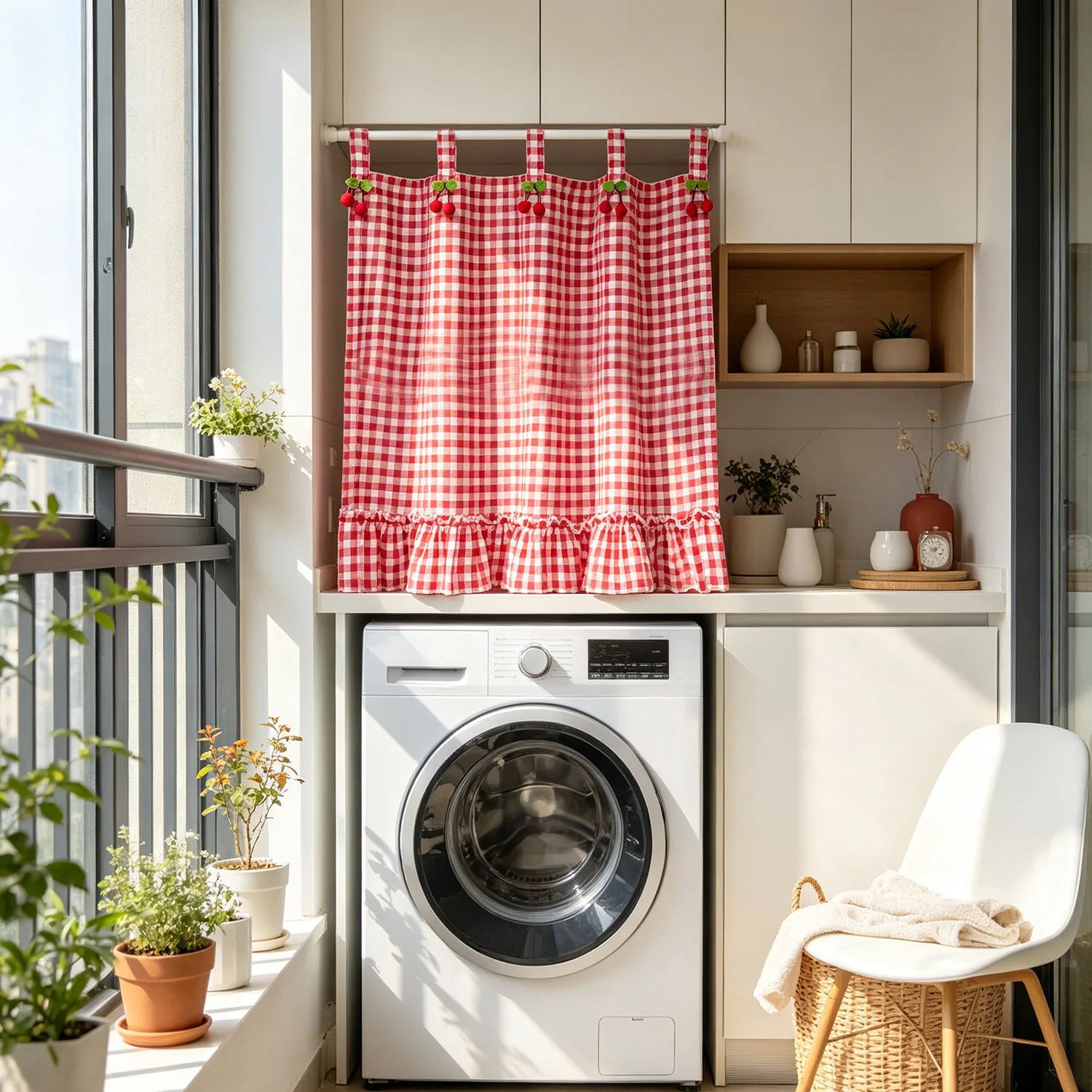 Farmhouse Plaid Oven Door Curtains with Cherry Decor, Self-adhesive Tab Top Kitchen Cafe Curtains with Valance for Home Cabinet