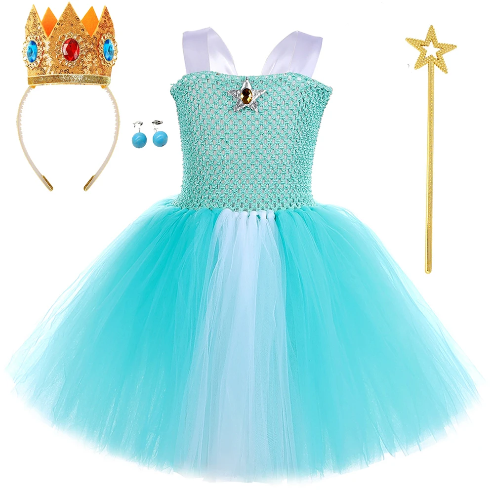 Princess Rosalina Costumes for Girls Turquoise Green Ballet Tutu Dress with Crown Wand Gloves Kids Christmas Holiday Outfit