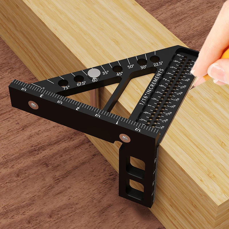 3D Multi-Angle Woodworking Square Protractor, Aluminum Alloy Miter Triangle Ruler T-Type Scriber - 22.5/30/45/60/67.5/90 Degree