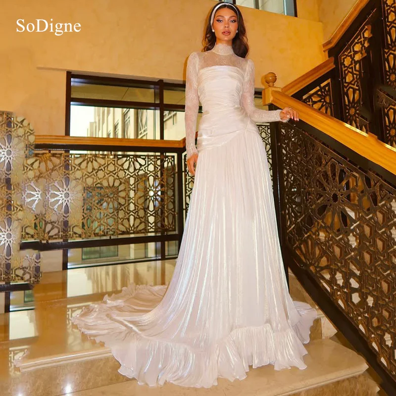 

SoDigne Chic A-Line Prom Dresses Sexy Lace Full Sleeves Draped Party Dress Pleats Floor-Length Cocktail Gowns Customized