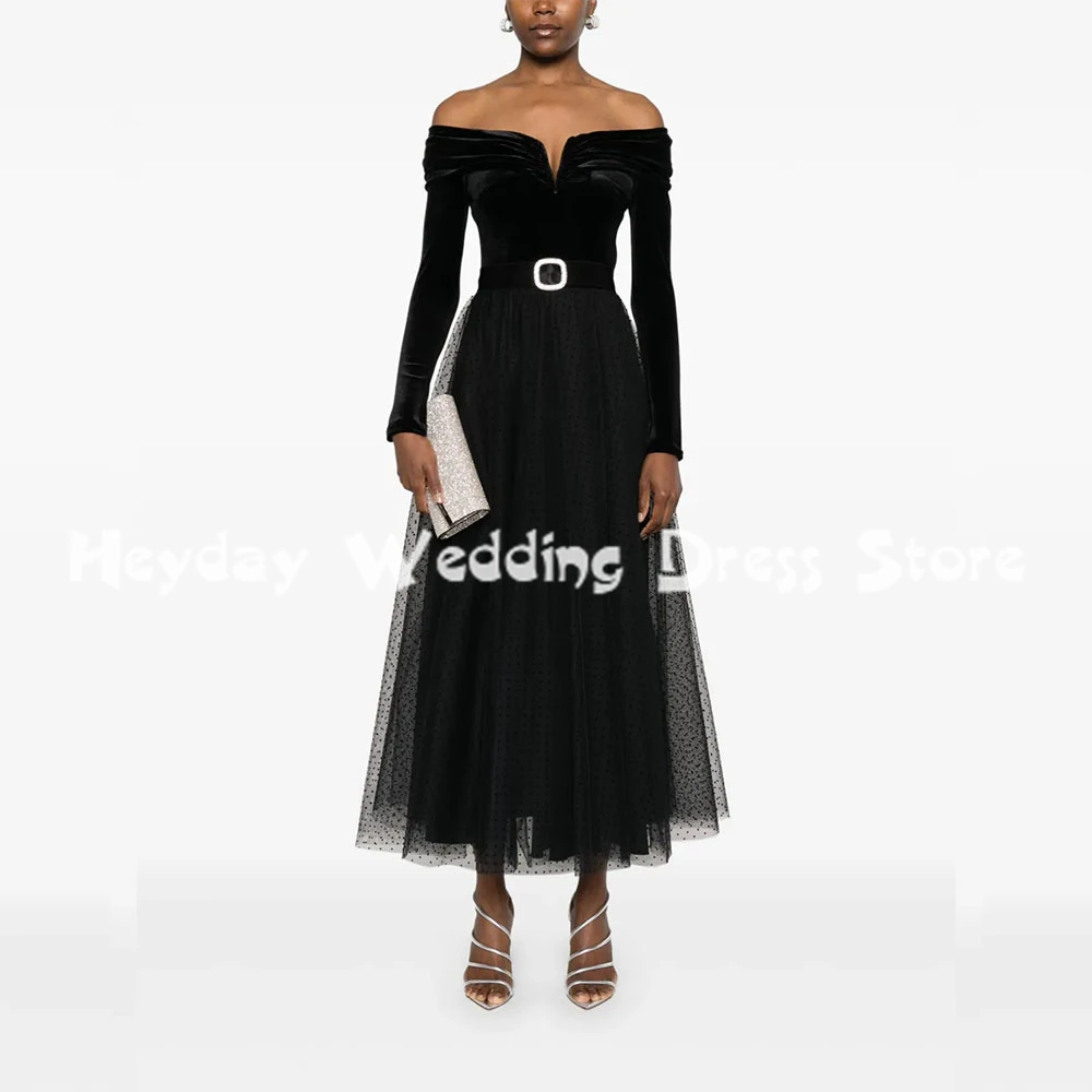 

Heyday Women's A Line Boat-neck Sashes Saudi Evening Dresses With Long Sleeves Ankle-Length Formal Elegant Party Dresses 2025