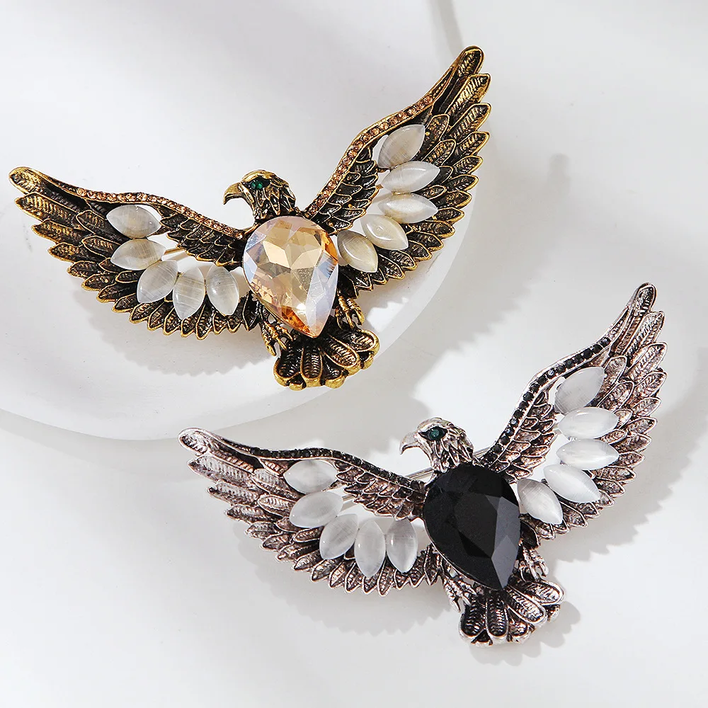 Creative Opal Rhinestone Eagle Spreading Wings Brooches Vintage Personality Brooch Animal Pin Clothing Accessories