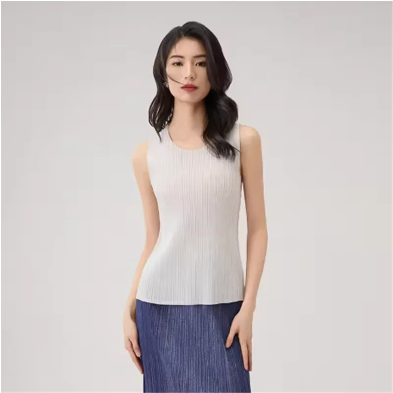 Miyake Pleats Round Neck Women's Basic Sleeveless Vest Summer Causal Tank Tops