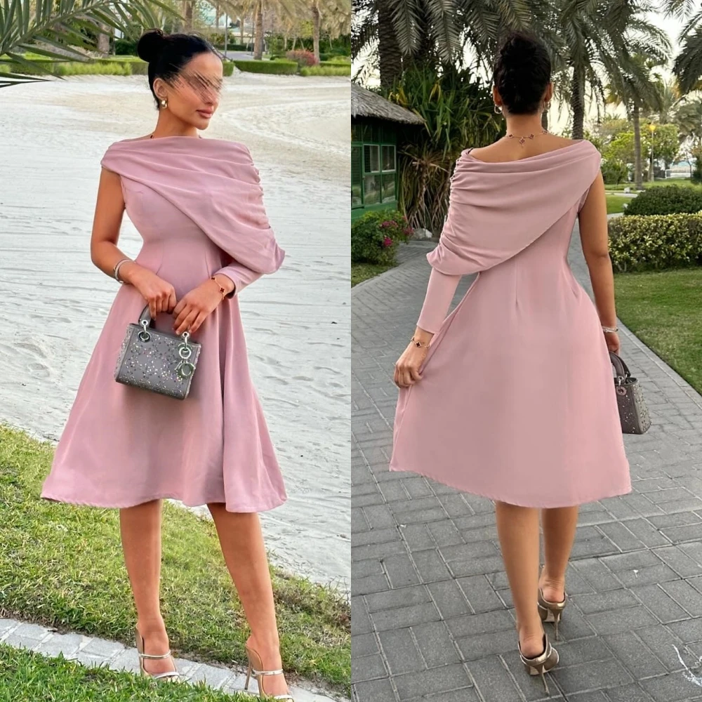 

Customized Jiayigong High Quality Jersey Ruched Christmas A-line Off-the-shoulder Bespoke Occasion Gown Midi Dresses·