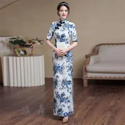 Asian Cheongsam Chinese Style Dress Slim Long Dresses Chinese Traditional Clothes for Women Improved Summer Retro Long Qipao