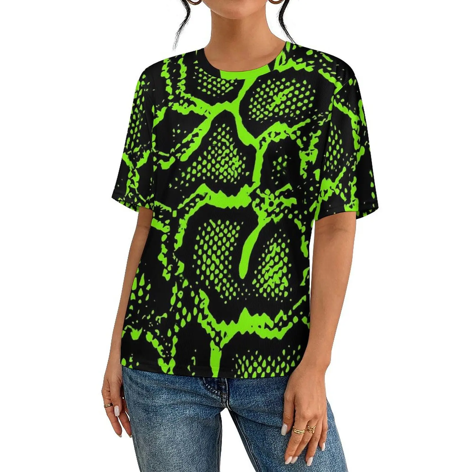 Oversize T-Shirt Summer Green Snakeskin T-Shirts Python Skin Print Y2K Casual Crew Neck Tshirt Couple Trending Graphic Tees