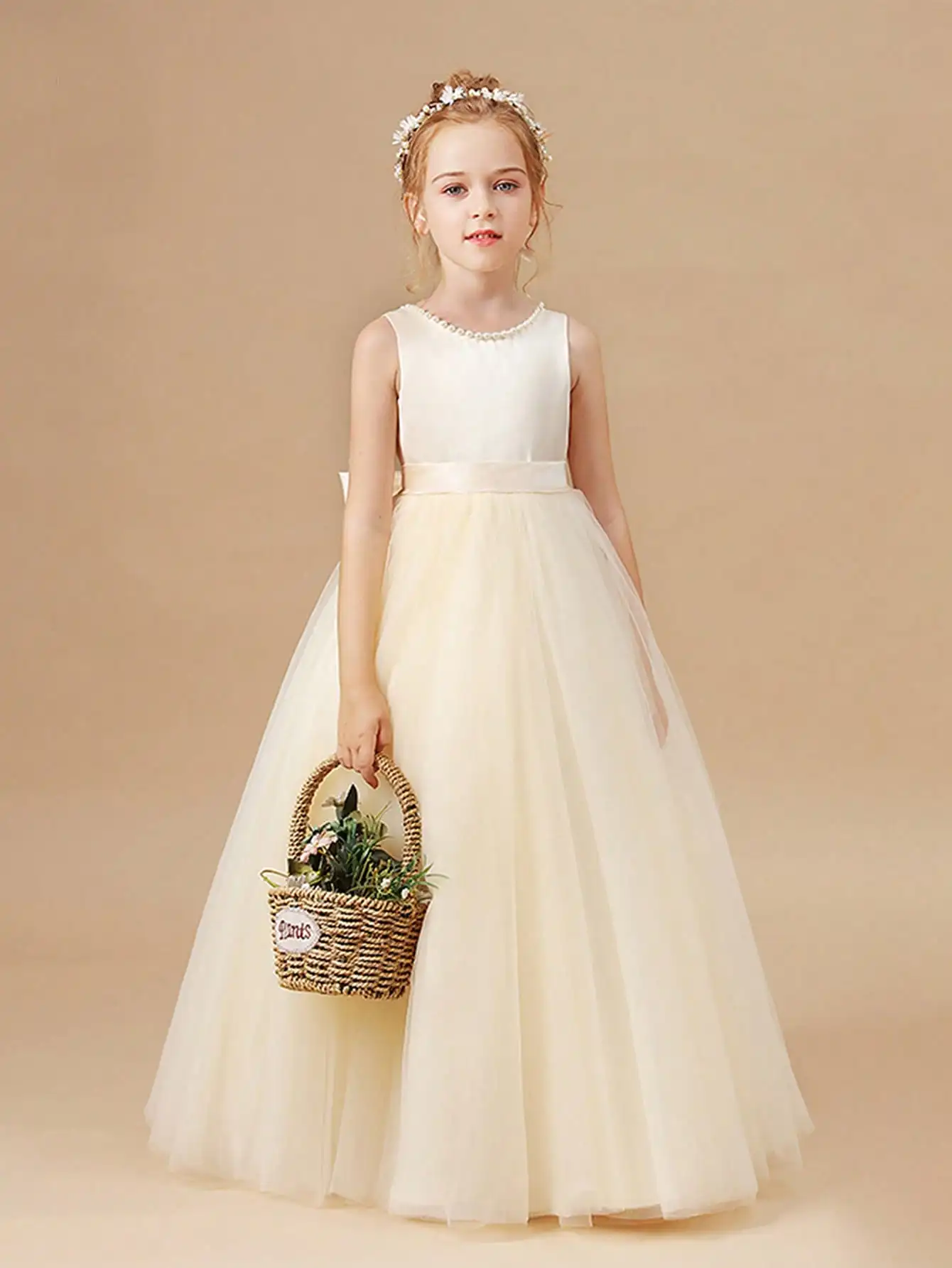 Girls' Beaded 3D Bow Princess Dress, High-End Children's Dress, Piano Host Performance Outfit, Flower Girl Wedding Dress