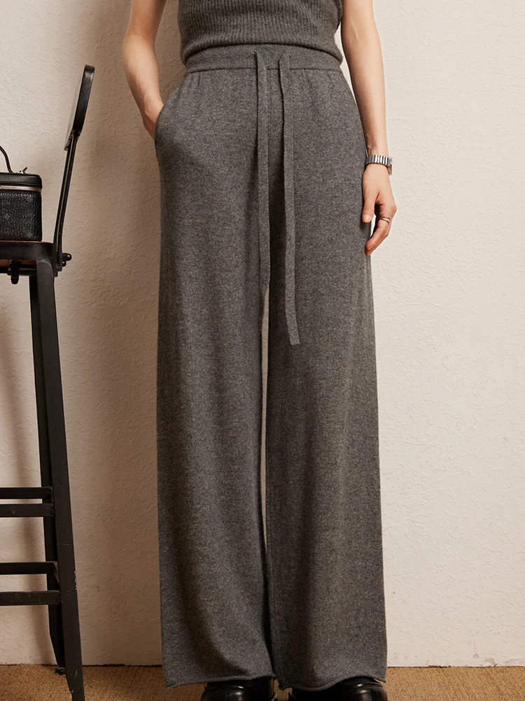 Thin Version Office Women's Pants 100% Cashmere Straight Pants Autumn Winter Pants Lounge Trousers Warm Curled Hem Pants Knitted