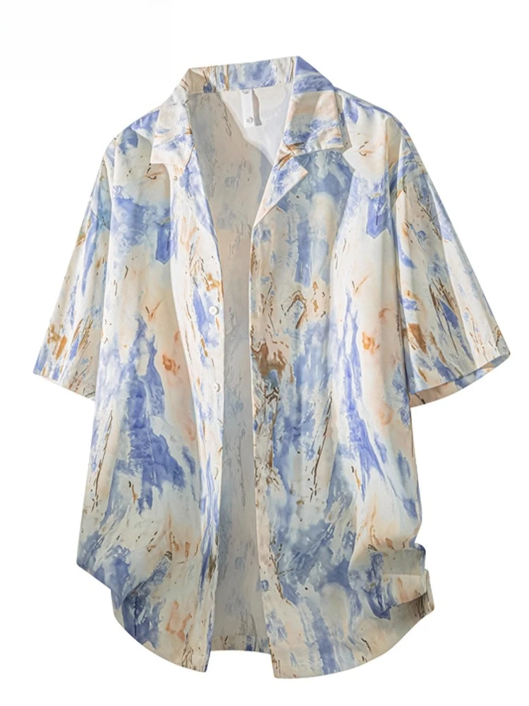 2025 Summer New Men's Beach Vacation Blue Purple Short Sleeve Shirt Trendy Couple Thin Loose Dark Green Khaki Shirt