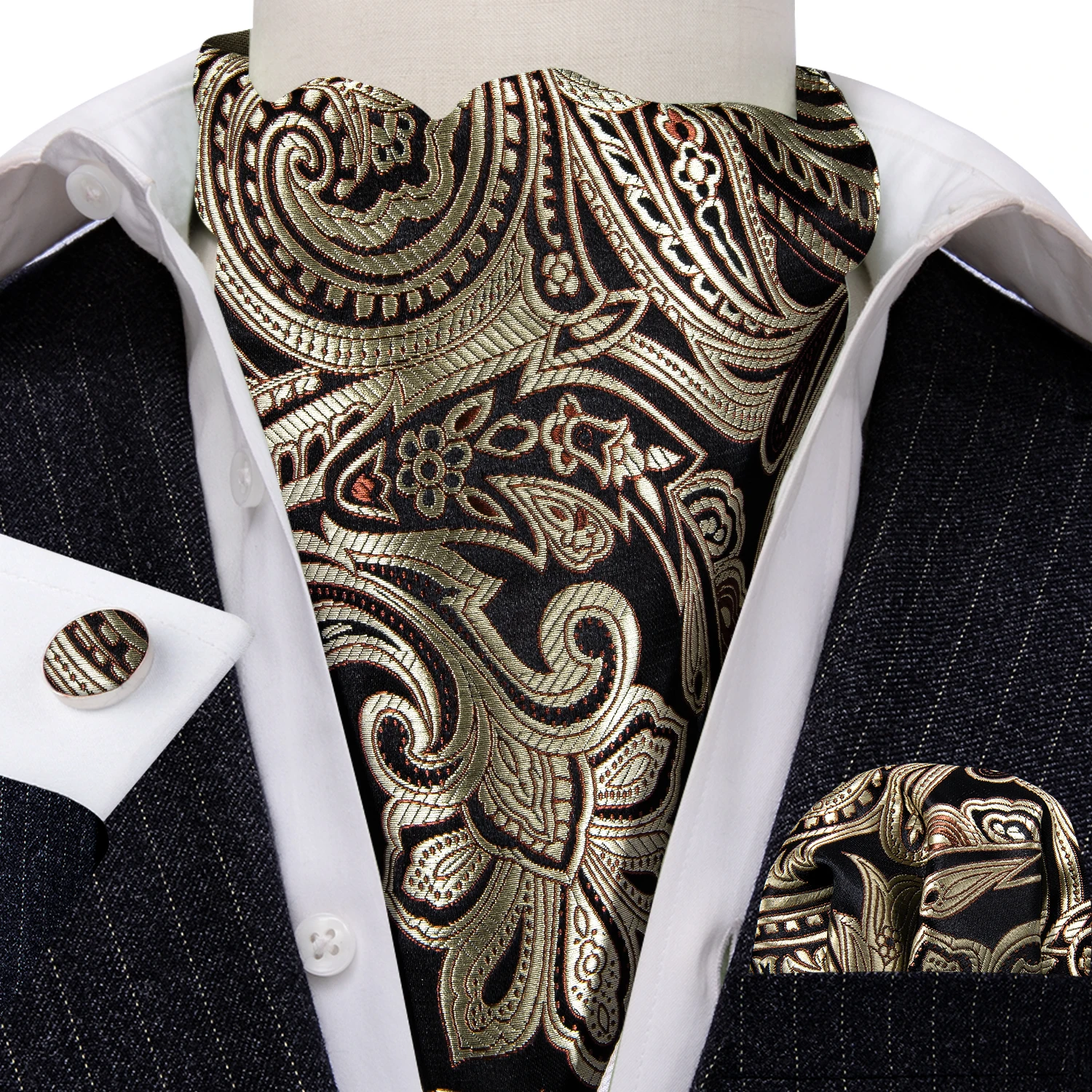 

Dark Brown Cravat Men Sets Business Paisley Jacquard Ascoat-Tie Handkerchief Cufflinks Set Gift Formal Designer Barry.Wang AA-06