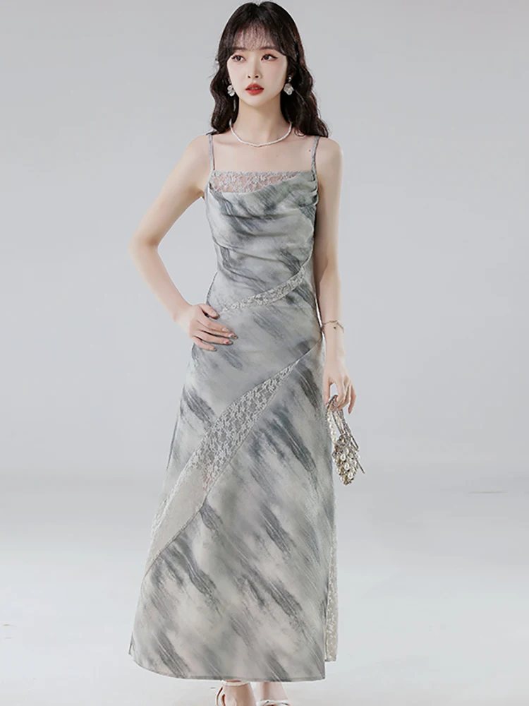 2025 Stampa Patchwork Pizzo Sexy Sling Abito lungo Donna Vintage Luxury Dance Party Dress Estate Coreano Aderente Festival Abito da ballo