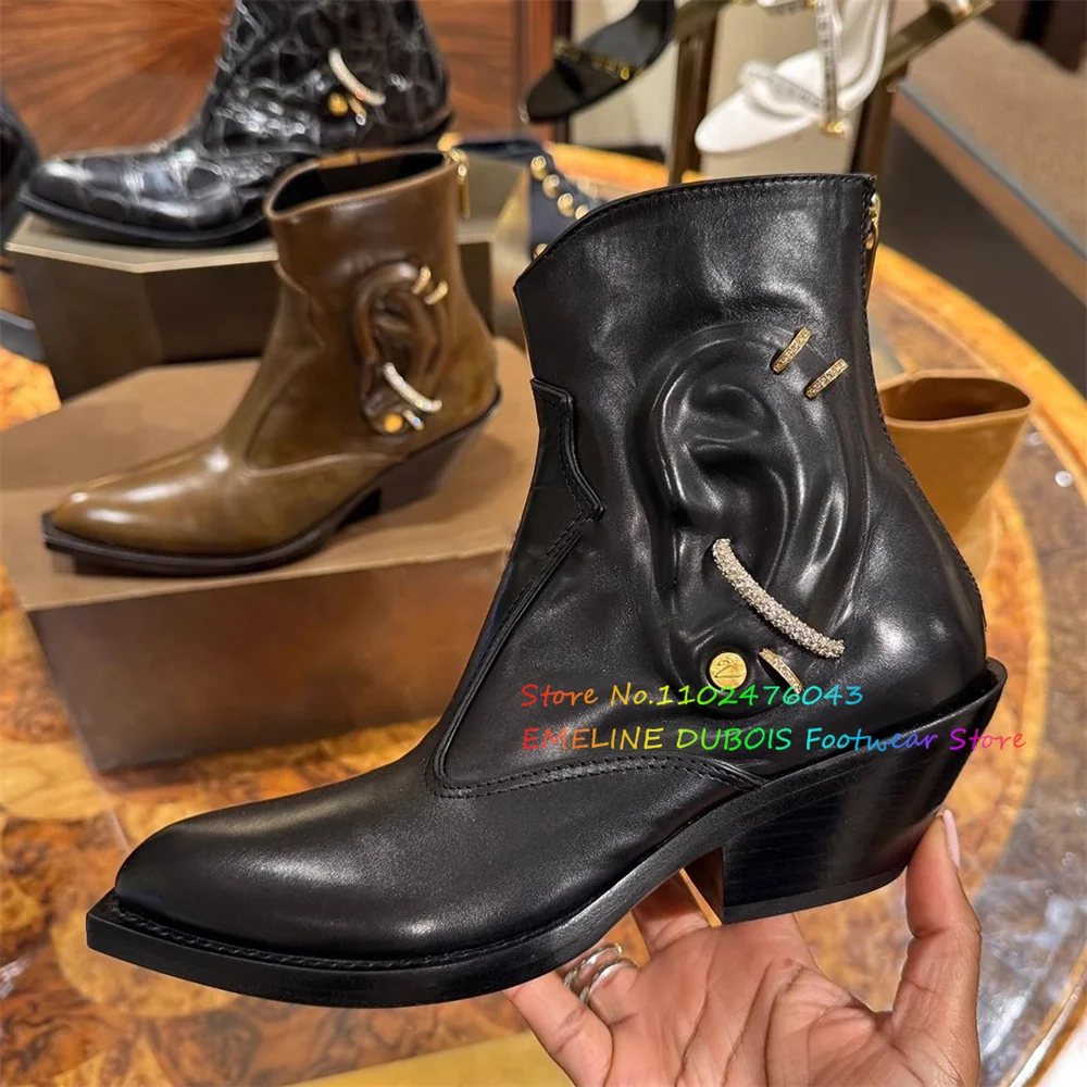 Ears Diamond Rings Decoration Chunky Heel Ankle Boot Women Pointed Toe Back Zipper Designer Brand Leather Walk Show Short Boot