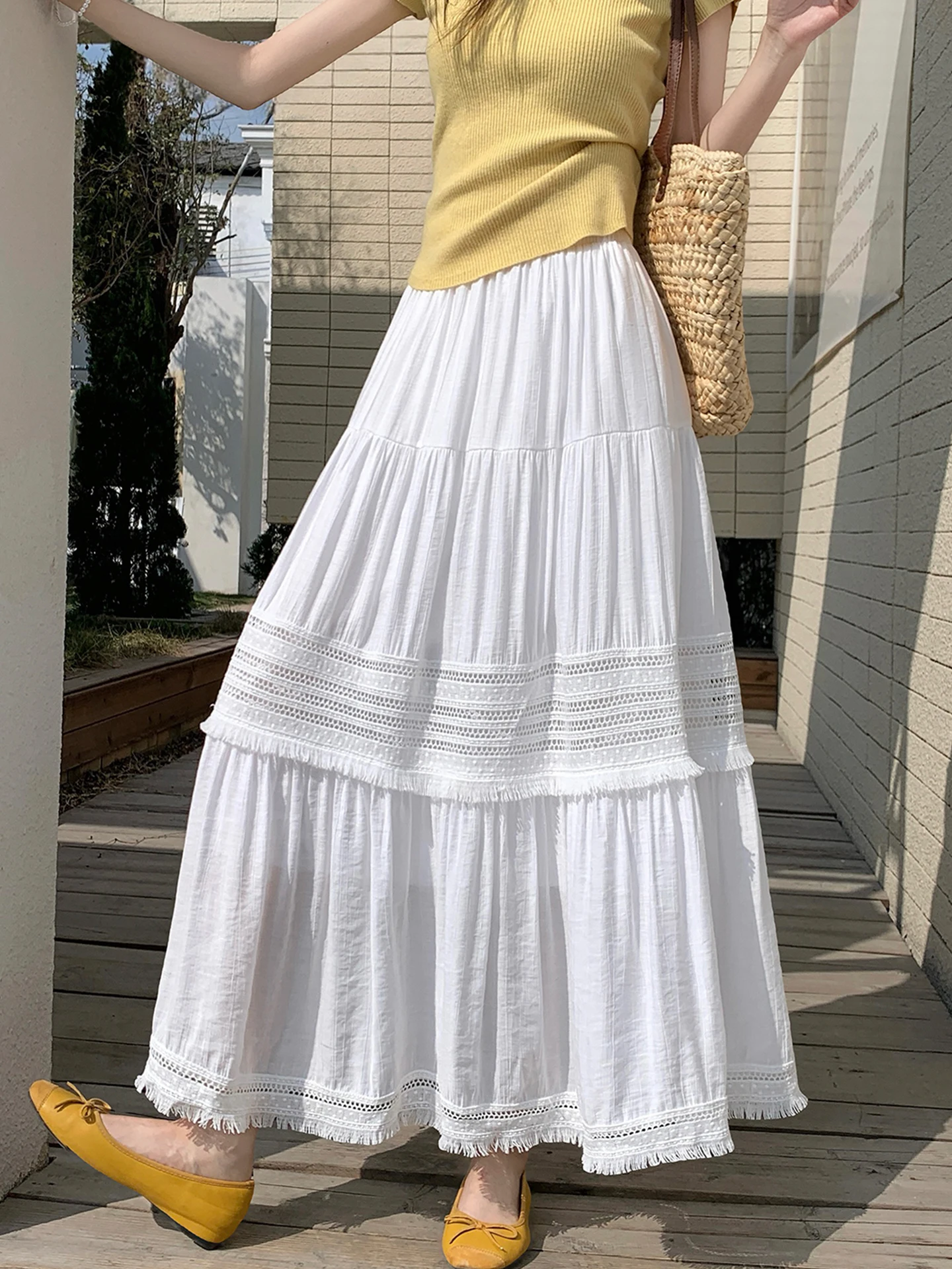 

Emily Clud Recommended Hollow out Fringed f Skirt Women's Spring Summer High Waist Pleated Layered Cake Skirt
