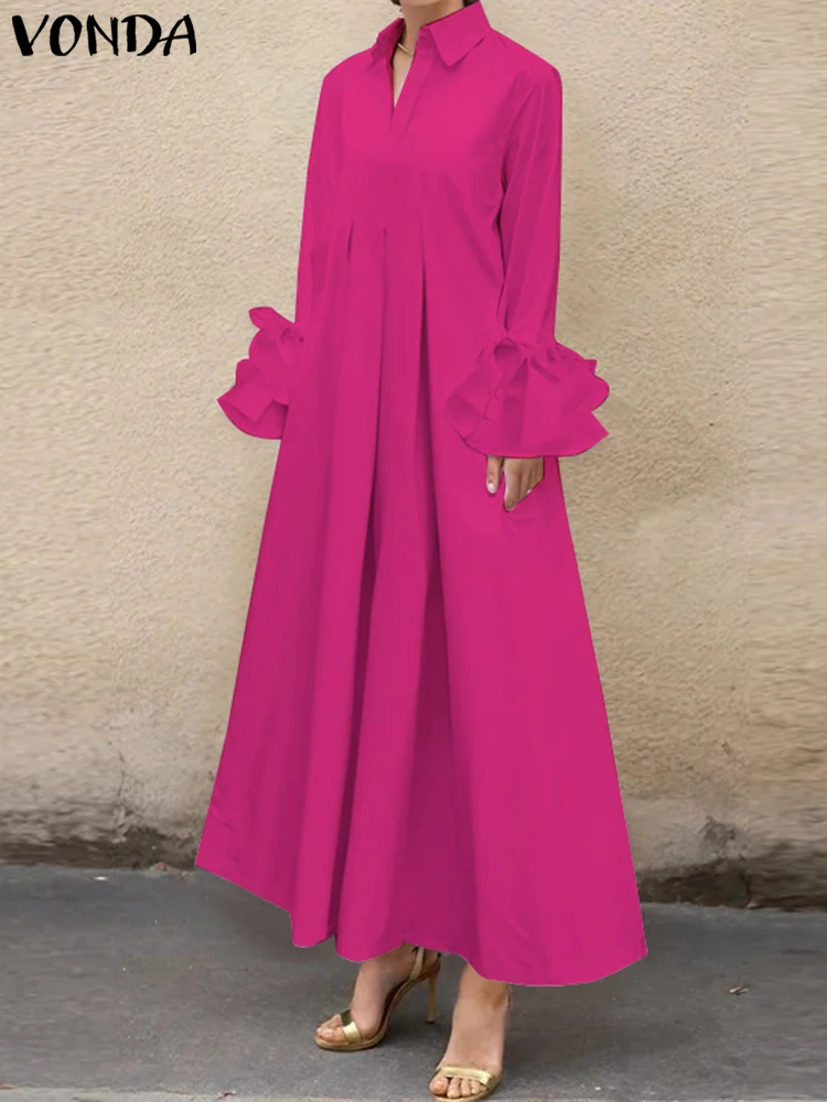 2025 Women Elegant Solid Color Maxi Long Dress Ruffle Pleated Dress VONDA Casual Loose Sundress Lapel Collar Long Sleeve Robe