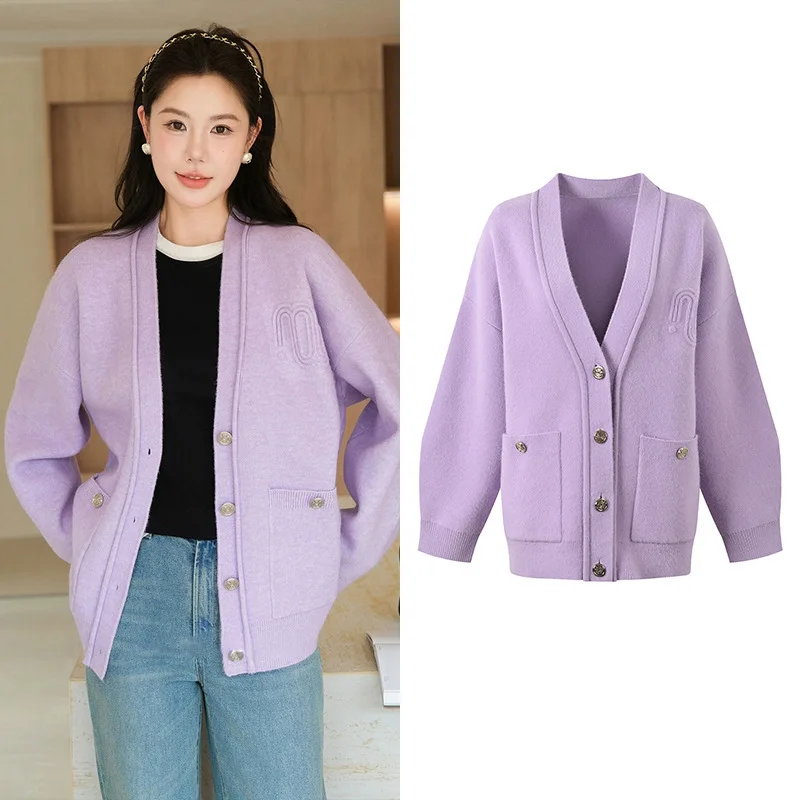 

Осень 2024, женский свободный повседневный вязаный открытый кардиган с v-образным вырезом, фиолетовый таро, модное универсальное верхнее пальто для поездок на работу