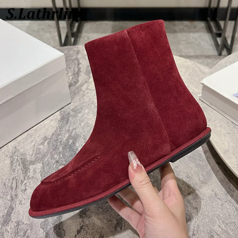 Fashion Real Leather Chelsea Boots Women's Autumn Winter Side Zipper Ankle Boots Round Toe Solid Color Flat Casual Short Botas