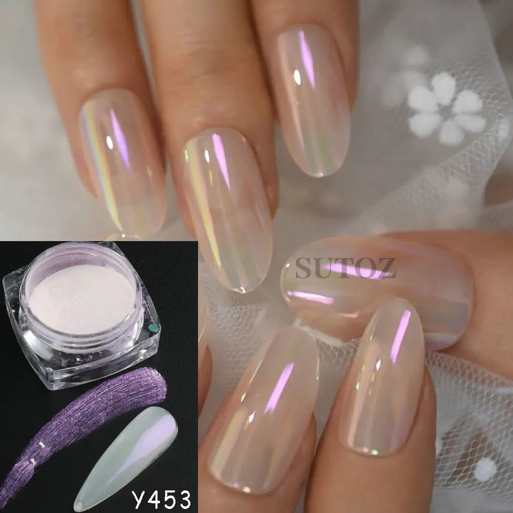 Polvo de uñas de perla cromada blanca, polvo de frotamiento de sirena Aurora, purpurina para arte de uñas, efecto espejo, decoraciones de manicura, LEBY459