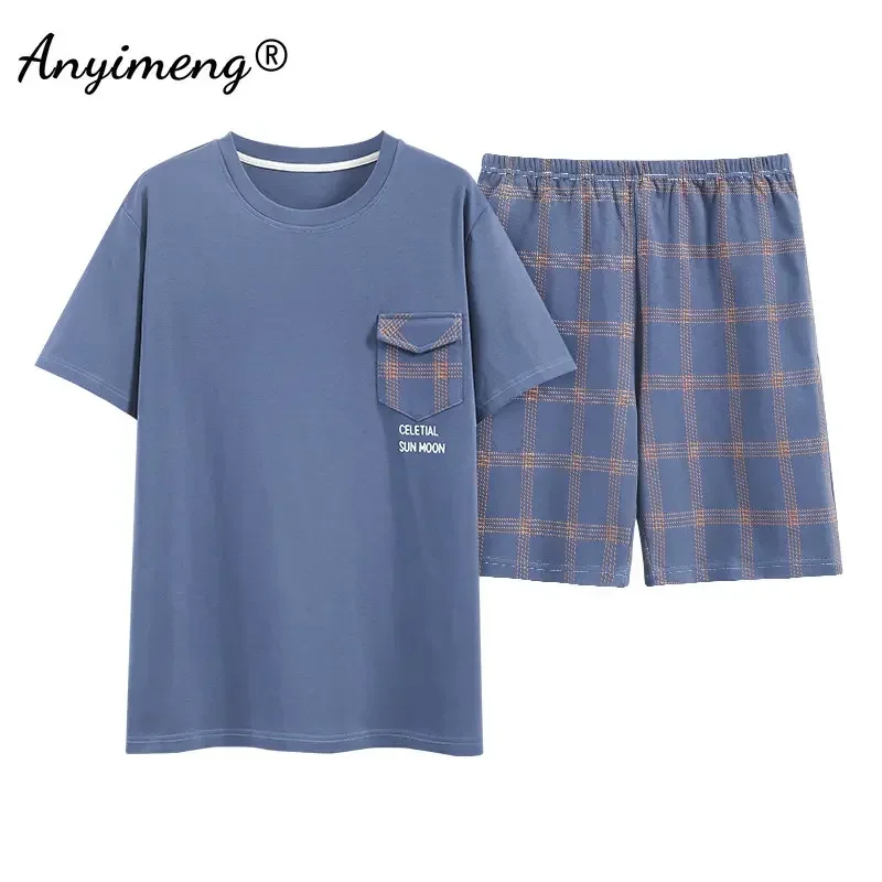 Homesuit-Conjunto de pijama de algodón para hombre, pantalones cortos a cuadros elegantes, ropa de dormir de ocio, jersey de verano, L-5XL