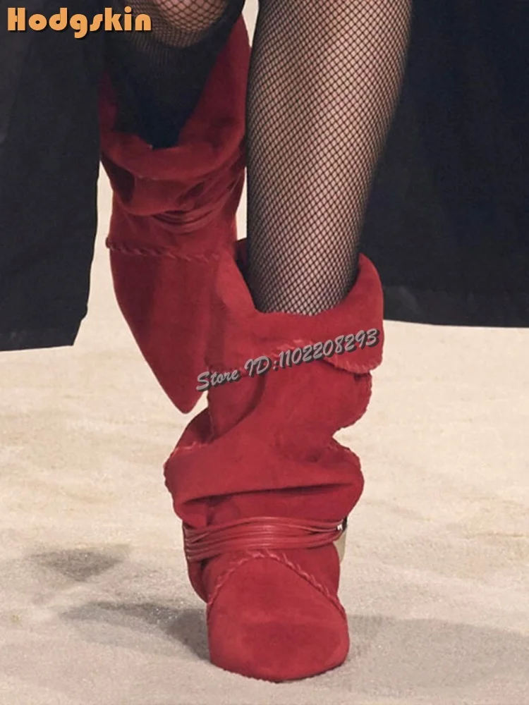 

Retro Pleated Kitten Heel Ankle Boots Frosted Pointed Toe Metal Decor Western Cowboy Boots 2025 Autumn Women High Heel Shoes