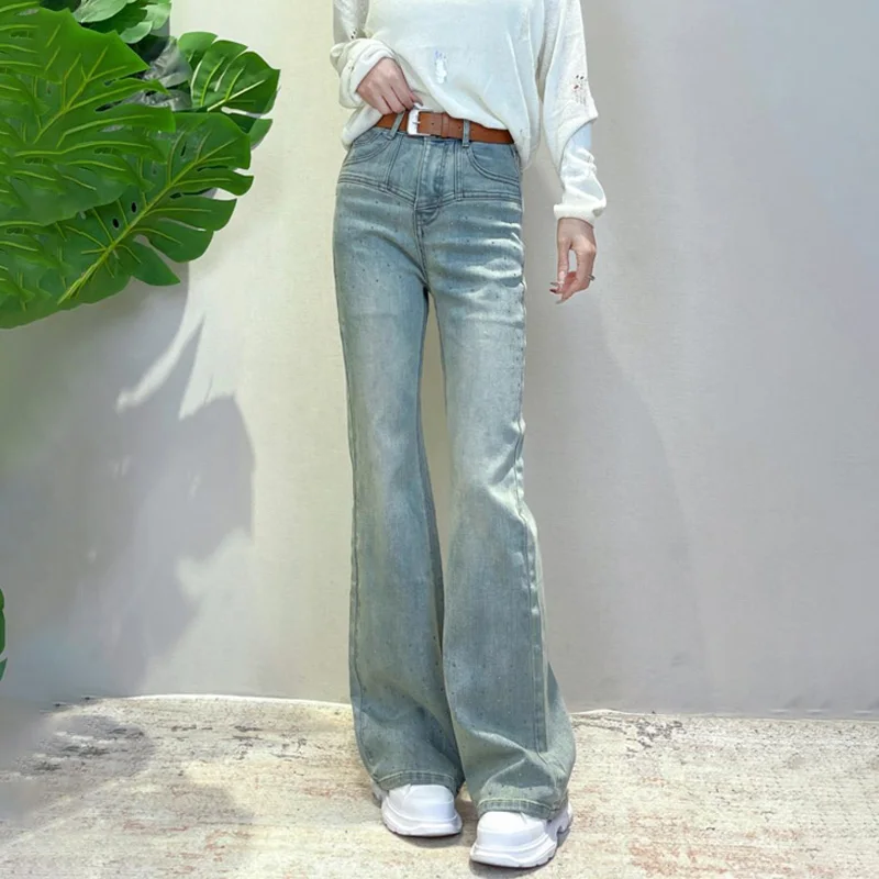 Jeans svasati con diamanti a vita alta da donna Sle Primavera Nuovo arrivo Ele Pantaloni lunghi versatili fino al pavimento