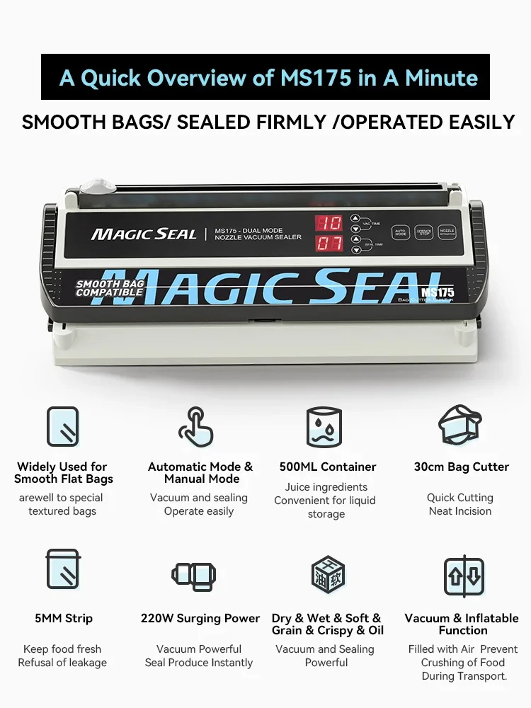 MAGIC SEAL MS175 Vacuum Sealer Machine for food Plastic Bag Sealer Kitchen Packer Commercial sealing pakaging machine Sous vide