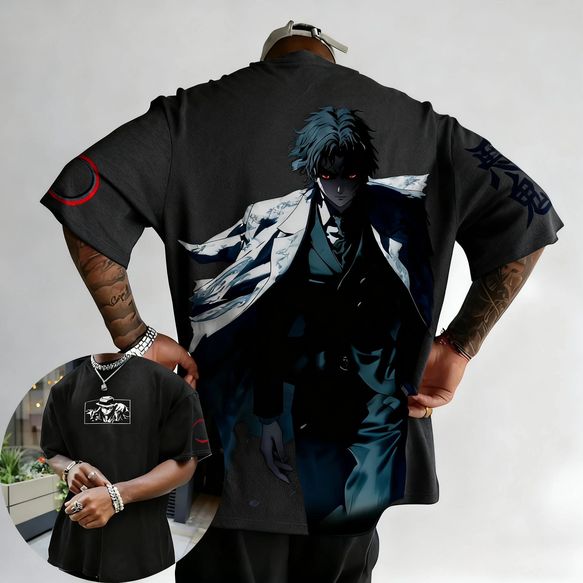 شيطان القاتل تي شيرت رجالي 2025 صيف جديد Kibutsuji Muzan أنيمي مطبوعة الشارع الهيب هوب الاتجاه Y2K بلوزة فضفاضة غير رسمية الوالدين والطفل