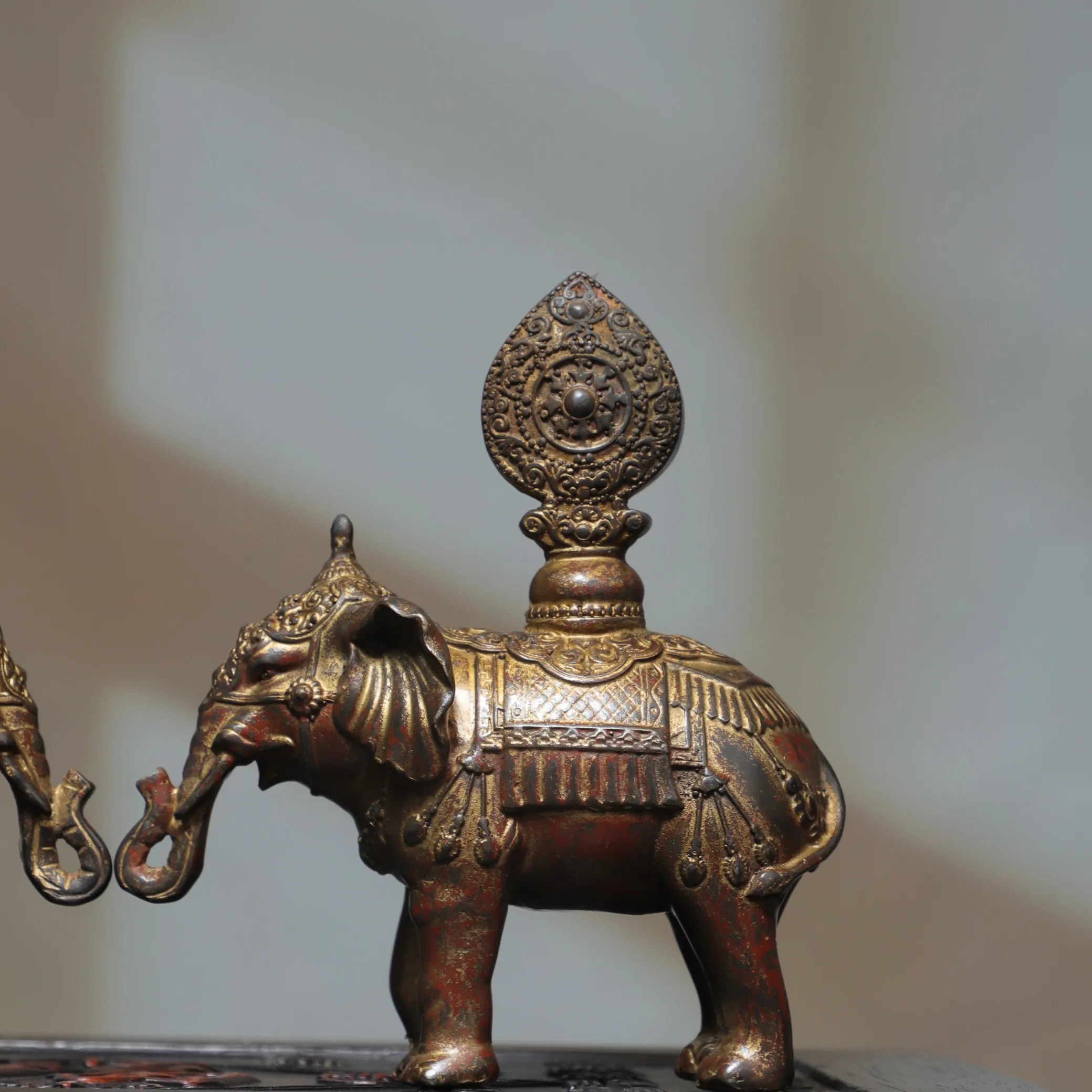 Old Bronze Gilded Cinnabar Good luck and happiness Eight Treasure Elephants statue a pair Blessings Wenfang screen Town house