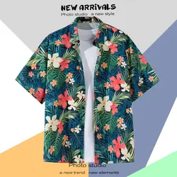 Men Street Fashion Summer Daily Shirt Hawaiian Cartoon Print Casual Loose Shirts Short Sleeve Beach Loose Tops