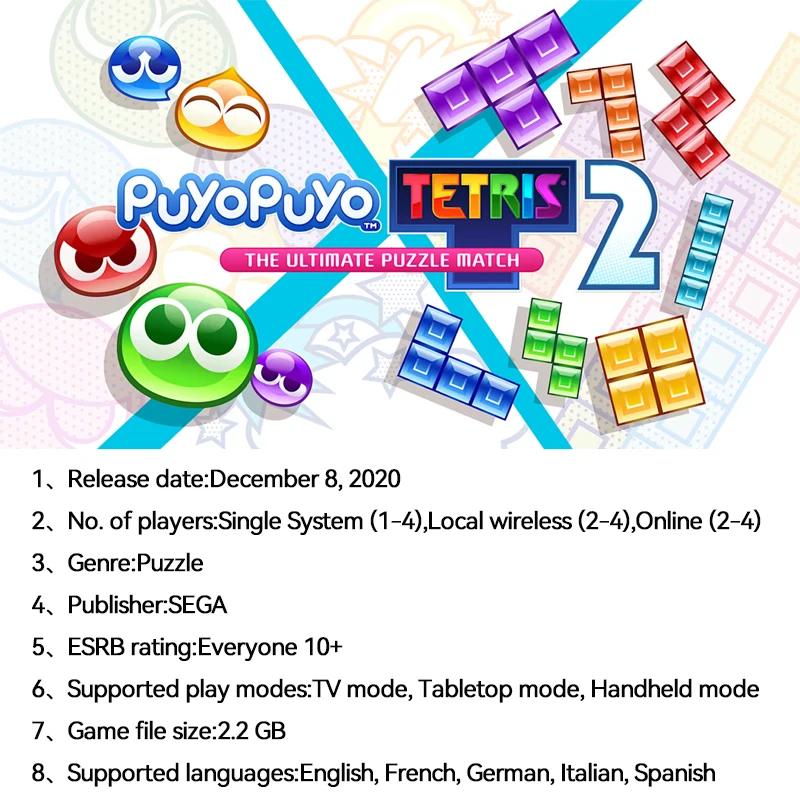 Puyo Puyo Tetris 2 Nintendo Switch Game Deals Physical for Nintendo Switch OLED Nintendo Switch Lite Nintendo Switch Game Cards