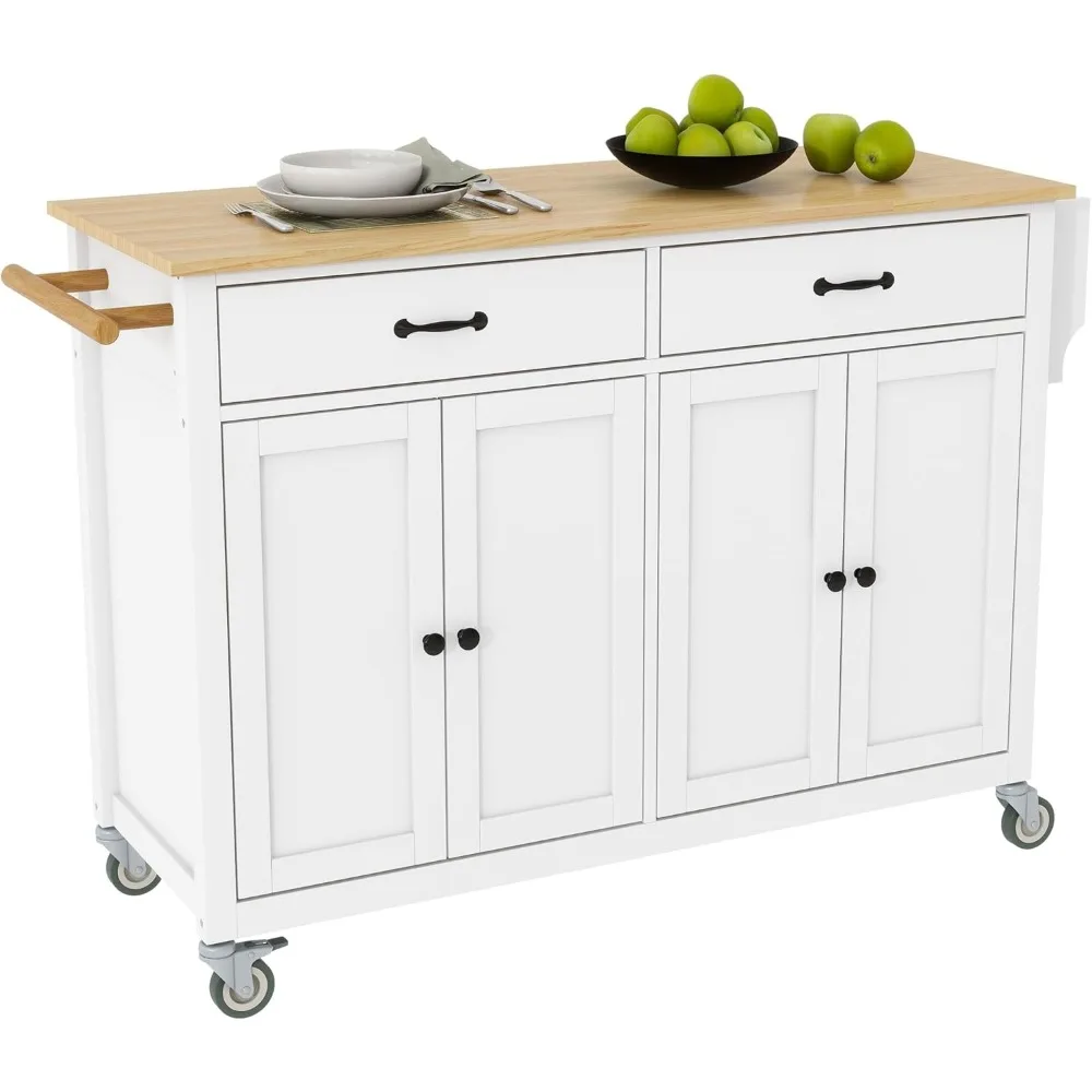 Kitchen Island on Wheels with Solid Wood Top, Large Rolling Kitchen Island Cart with 2 Drawers and 2 Cabinets, Portable Trolley