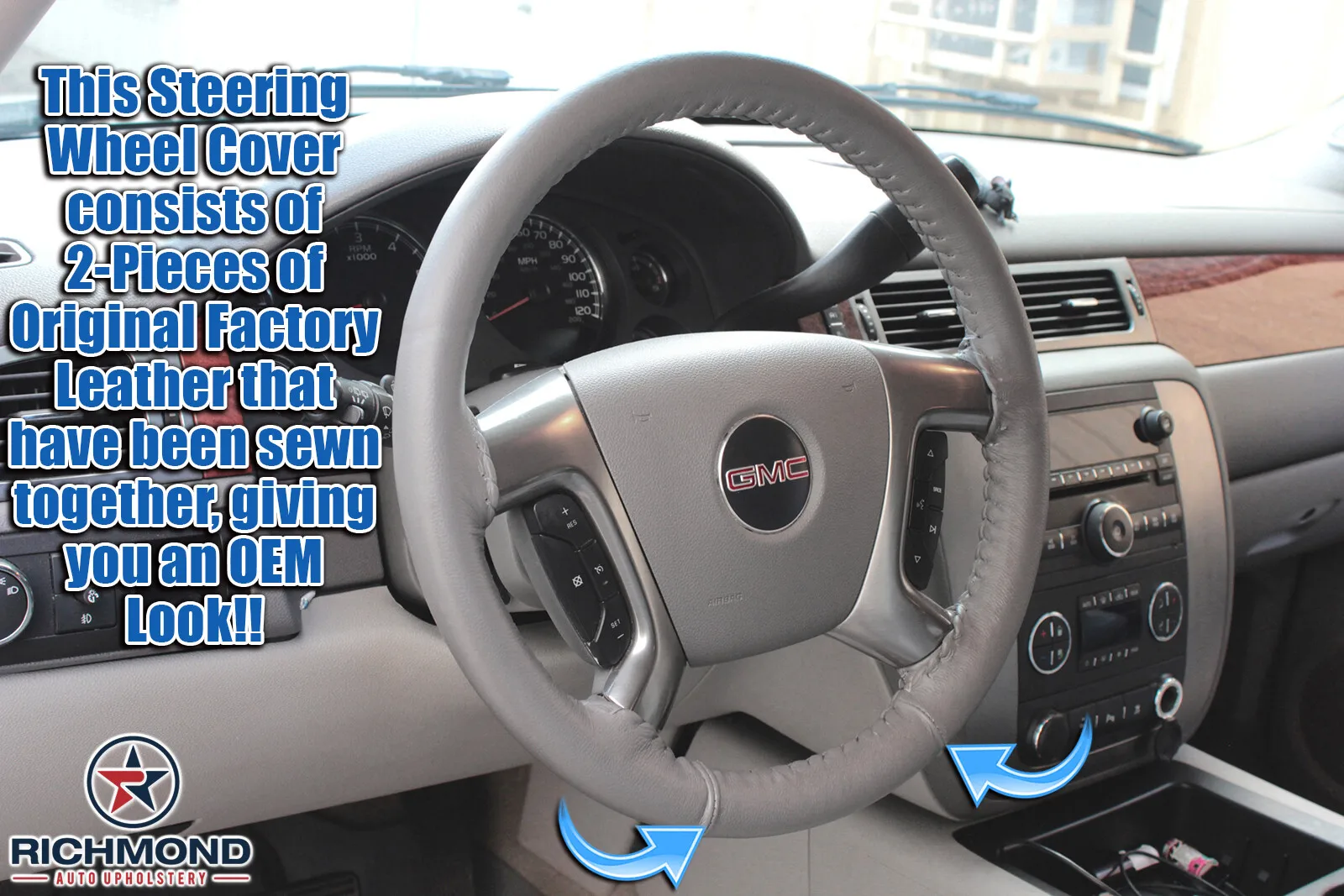 

2007-2014 Chevy Silverado 1500 2500 3500 -Leather Wrap Steering Wheel Cover Gray