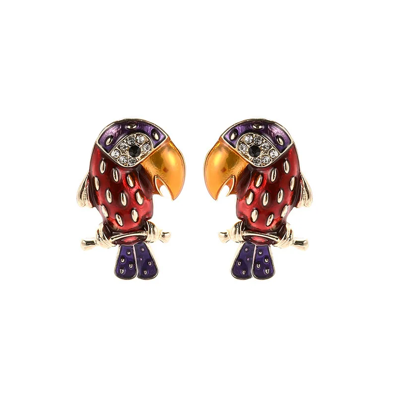 Exaggerated fashion creative personality color drip oil alloy diamond wild animal parrot earrings wholesale