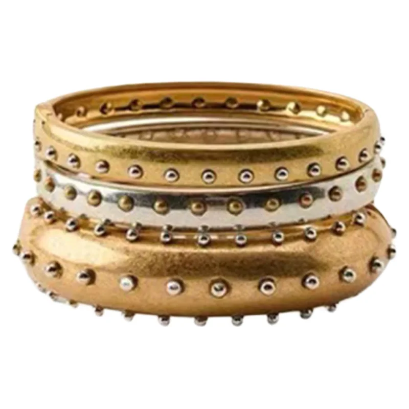 Retro Three-layer Color-block Rivet Metal Elastic Open Bangle Personalized high-end Women's Jewelry Autumn/winter Trend Braclet