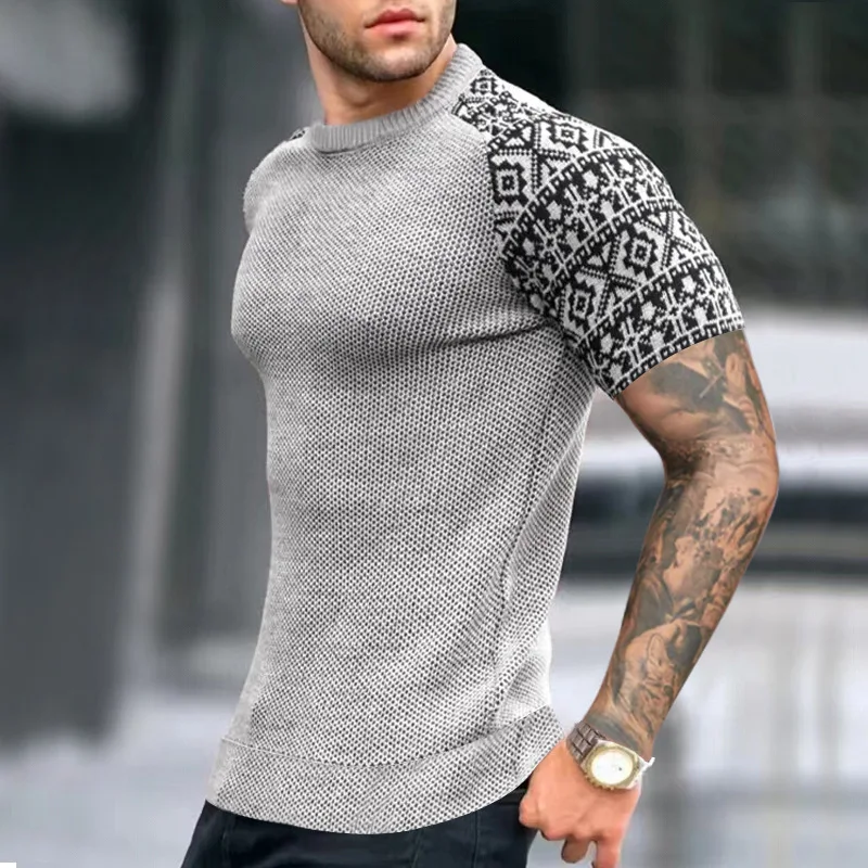 High Quality 2024 Spring/Summer New Men's Round Neck Pullover Colored Waffle Short Sleeved Top for Foreign Trade