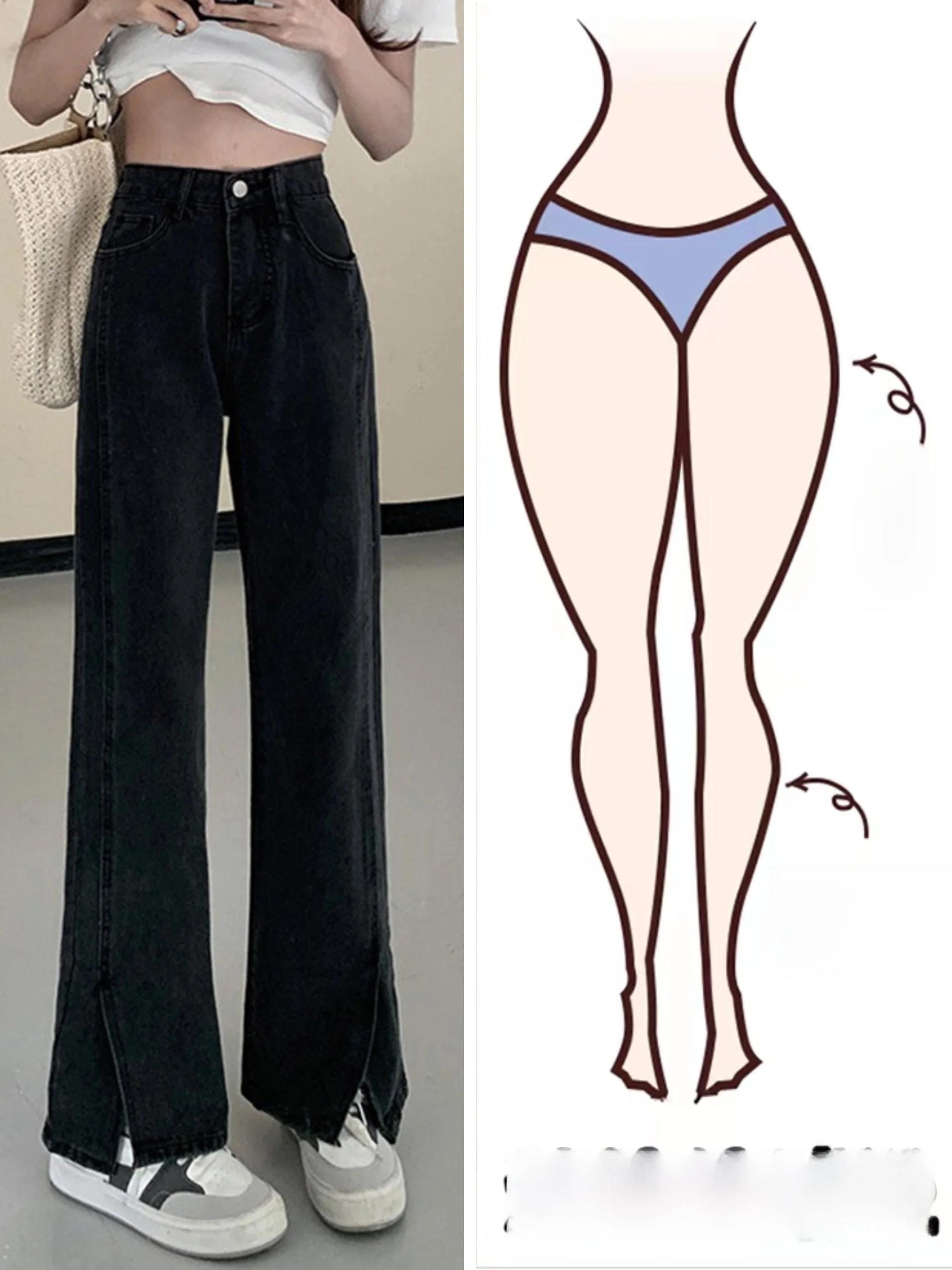 

American Style High Waist Straight Leg Jeans Women's Spring plus Size Pear Shape plus Size Loose Wide Leg Pants Slit
