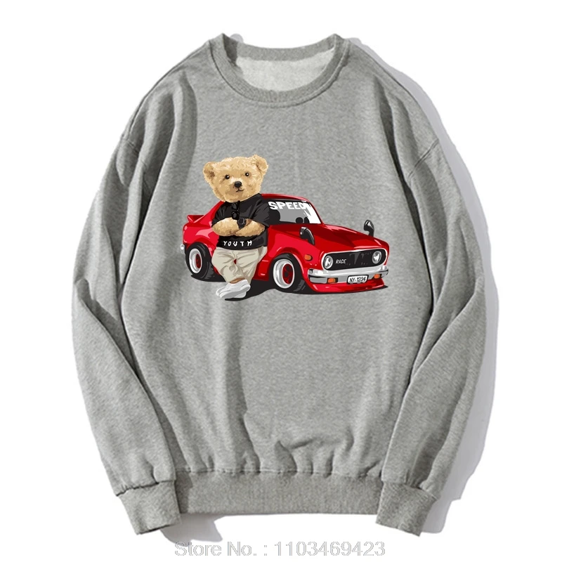 Men's Graphic Hoodies Teddy Bear Race Car Sweatshirt Cotton Tops Oversized Fashion Casual Streetwear Clothes Pullover