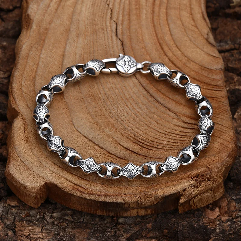 925 sterling silver bracelet pig nose tangcao pattern bracelet splendid trendy Thai silver vintage distressed ornament