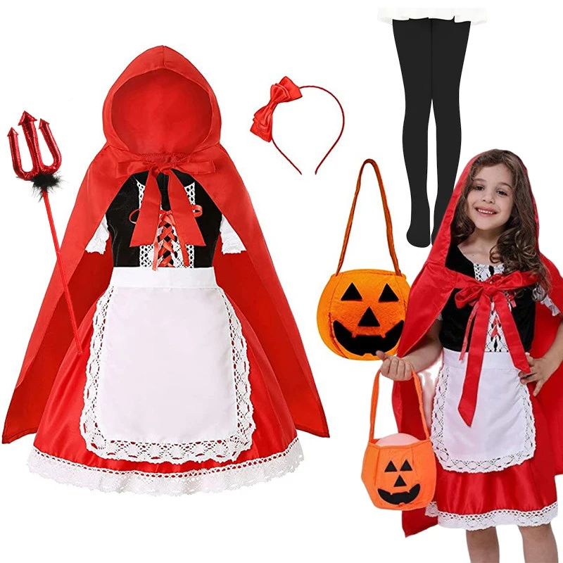 Girls Fairy‑Tale Red‑Hood Dress Set Cloak Lace Apron Short Skirt Carnival Story‑Theme Halloween Cosplay Outfit