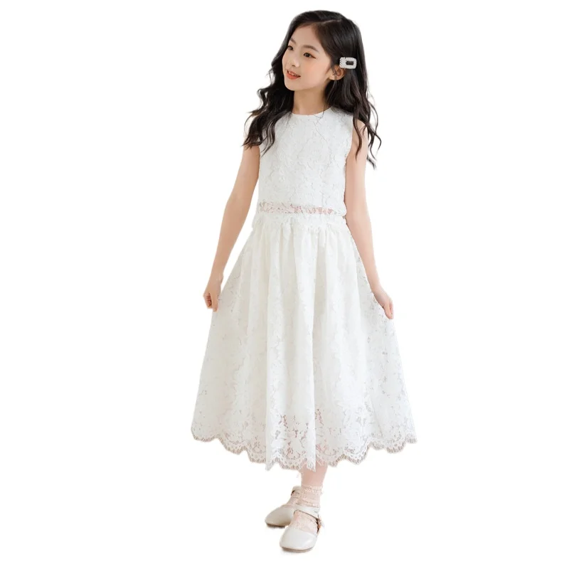 

Girl's Princess Dress 2024 Summer Children's Wear White Lace Open Navel Skirt Party Dresses Cotton Two Piece Set 8-14 Years Old