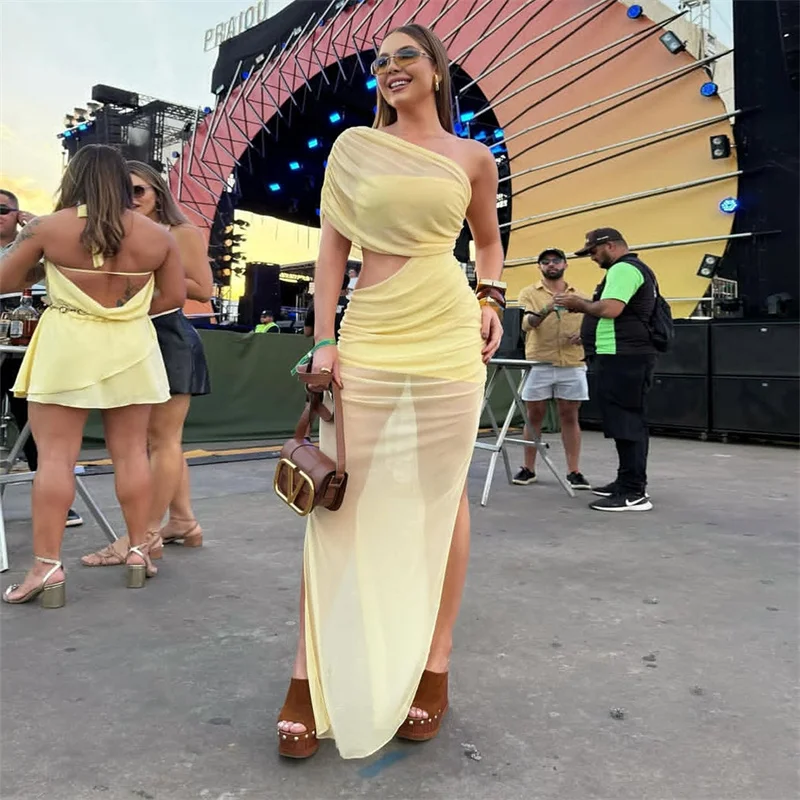 Sexy malla Patchwork ver a través de Maxi vestido mujer elegante un hombro recortado alto partido acanalado Club Vestidos largos de fiesta Vestidos