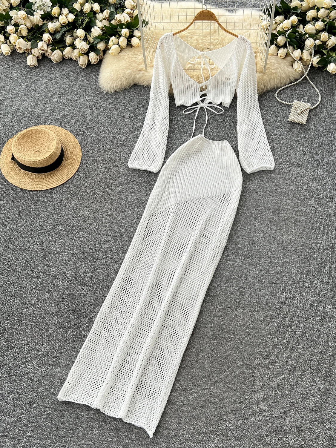 

Beach Vacation Style White Knitted Set Women's Long Sleeve Hollow out Waist-Cinched Bikini Top High Waist Skirt