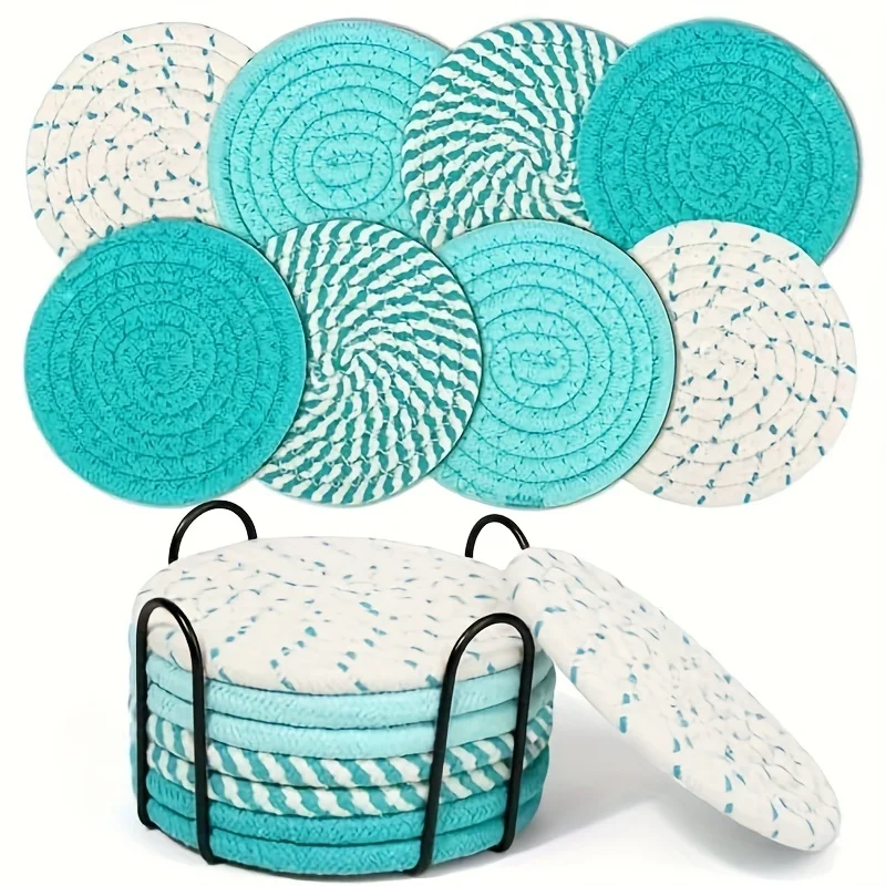 8-piece cotton woven coaster set with bracket, used for desktop protection, table decoration, restaurant, coffee shop