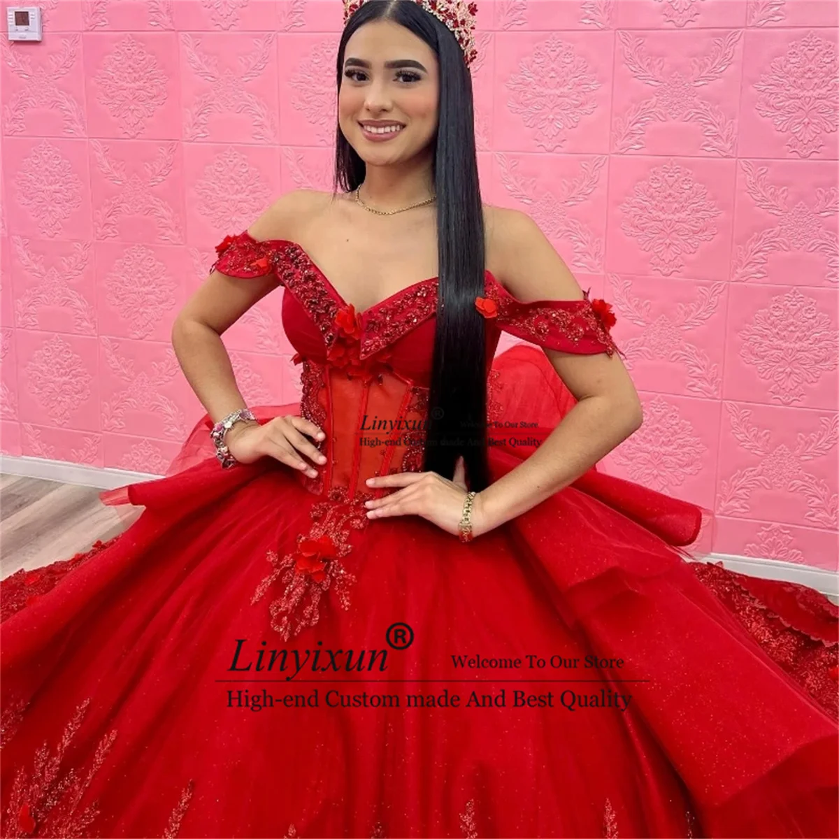 Red Sparkly Sequined Lace Quincenara Dresses 2024 Luxury Beading Ball Gown Sweet 16 Gown Off Shoulder Vestidos De XV15 Años