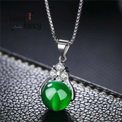 Pingente de ágata redonda para mulheres Prata 925, calcedônia de jade verde natural, amuletos, colar personalizado Joalheria fina, presente de luxo