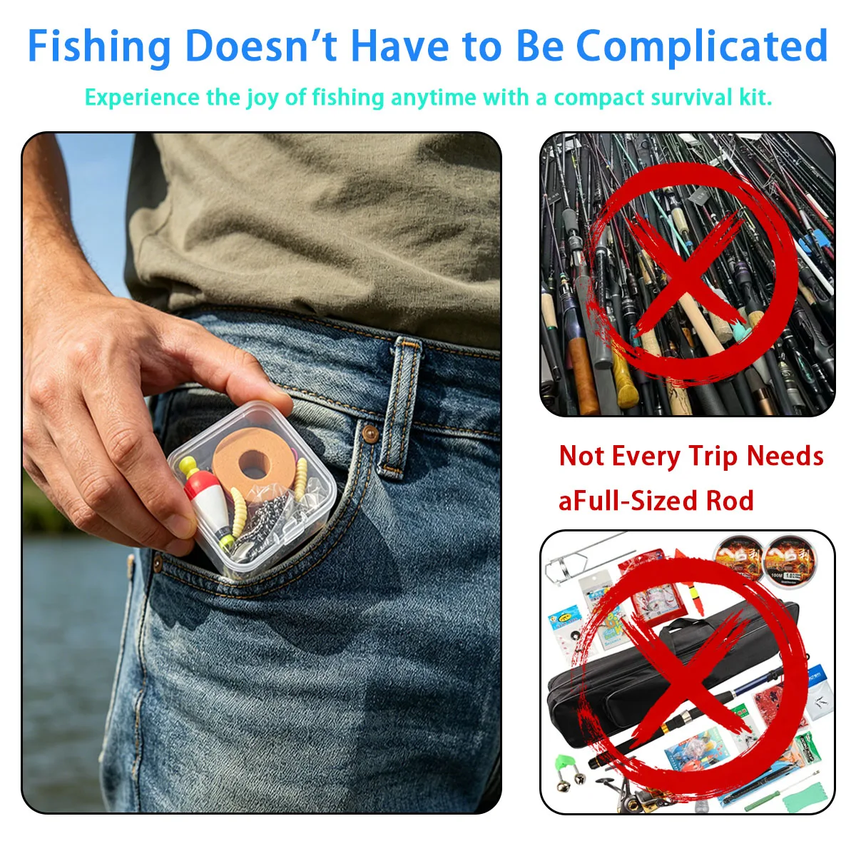 Portable Emergency Fishing Gear Set，Portable Outdoor Emergency Fishing Kit with Bobber, Hooks, Lures, Line & Storage Box