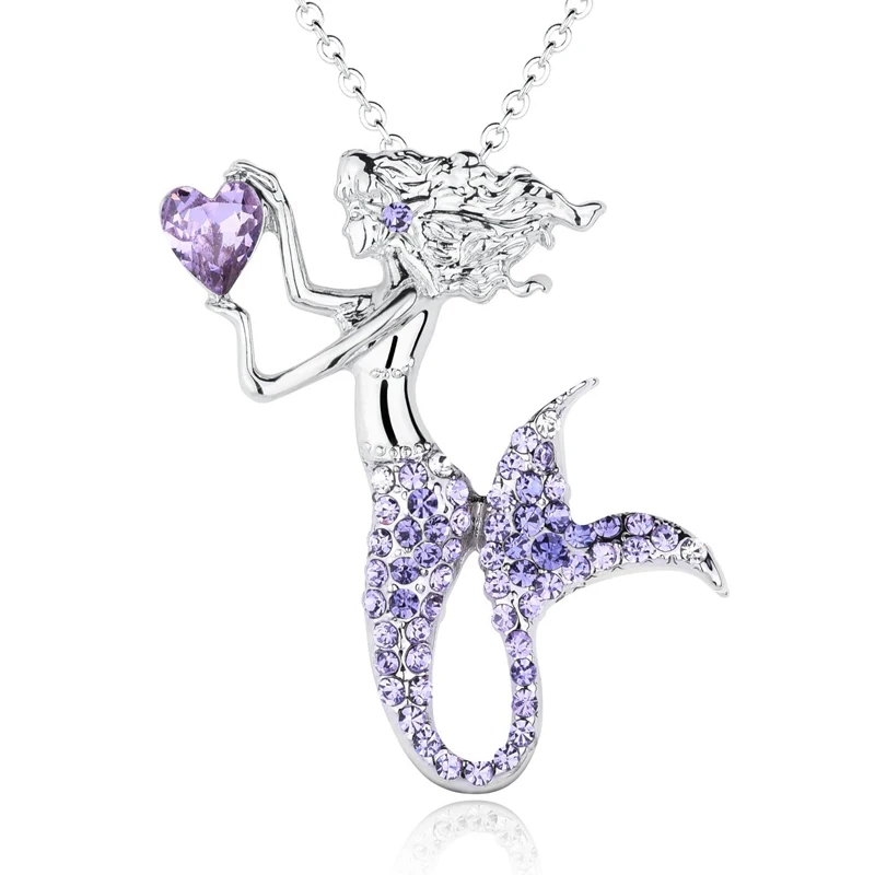 Fashion Mermaid Birthstone Pendant Jewelry White Gold Plated Austrian Crystal Necklace Gift for Girls Women