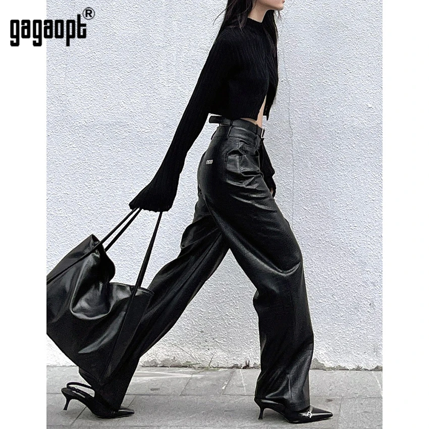 Gagaopt pantaloni in pelle nera pantaloni Vintage dritti a vita alta da donna Streetwear pantaloni casual a gamba larga