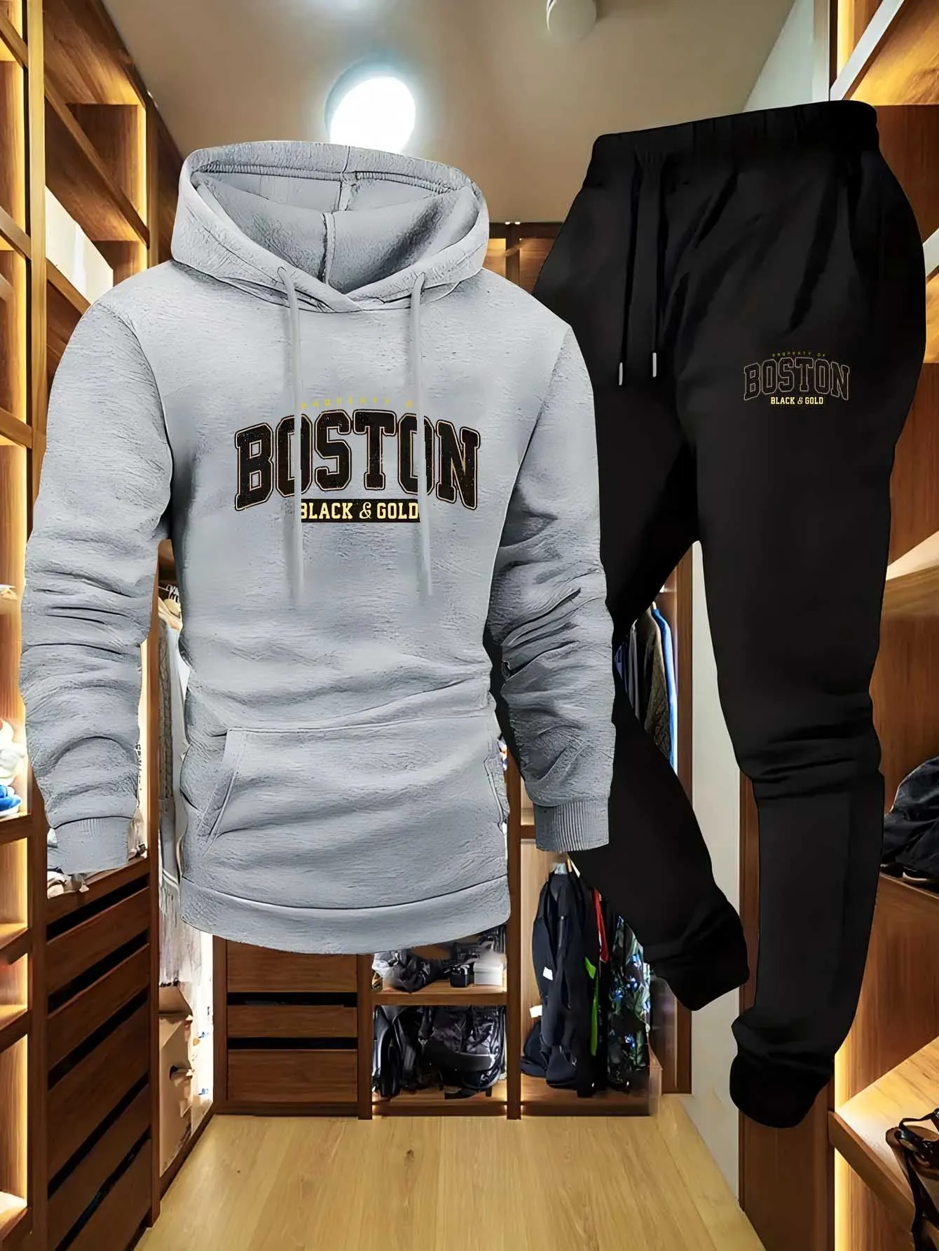 Conjunto de sudadera con capucha y pantalones de chándal informales de 2 piezas para hombre - Conjunto de deportes al aire libre para hombre con estampado de letras de Los Ángeles con capucha larga S
