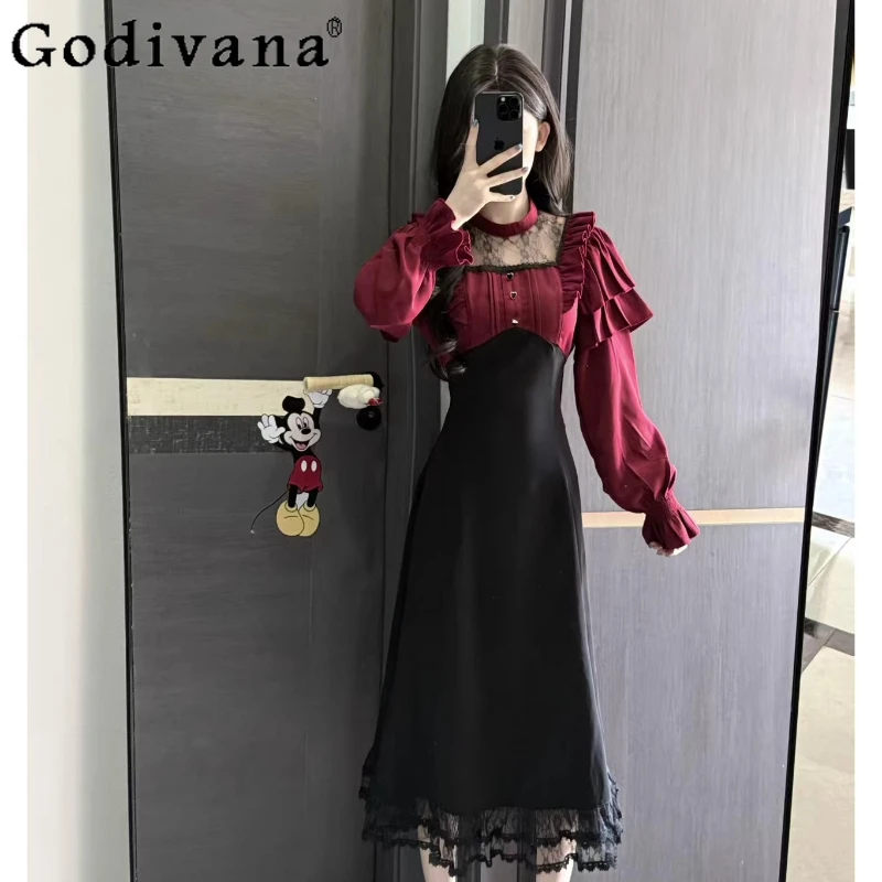 

Japanese Cute Girls Sweet Lolita Long Sleeve Dress Spring Autumn 2025 Women's High Waist Slim Elegant Lace Splice Long Dress Op