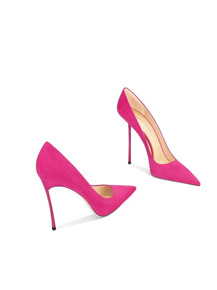 

Metal stilettos spring and autumn new pointed shallow mouth Suede simple single shoes banquet large size small size women's shoe